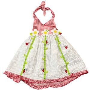 VTG Youngland Dress Red White Gingham Seersucker Daisy Ladybug Halter 2T Girls